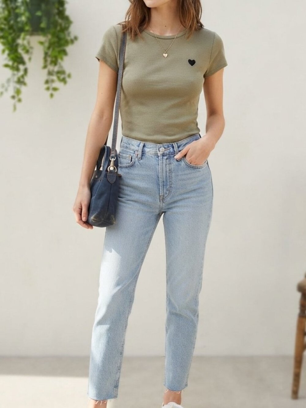 H&M Divided Olive Green Tee with Embroidered Black Heart - Size XS